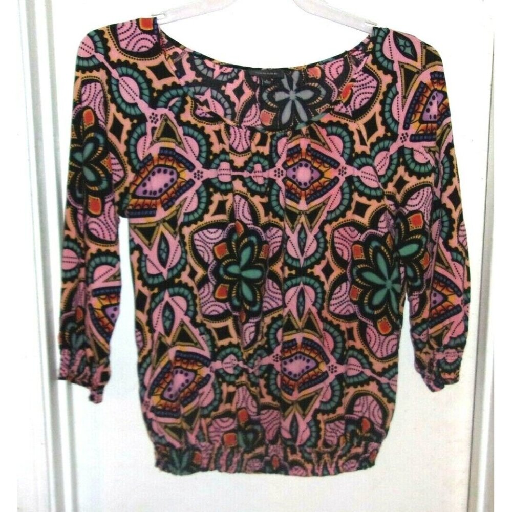 Spense Pink Blue Floral 3/4 Sleeve Top Elastic Hem Blouse Womens L